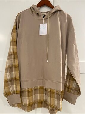 Men’s Taupe Crewneck Hoodie with Mustard Plaid Trim